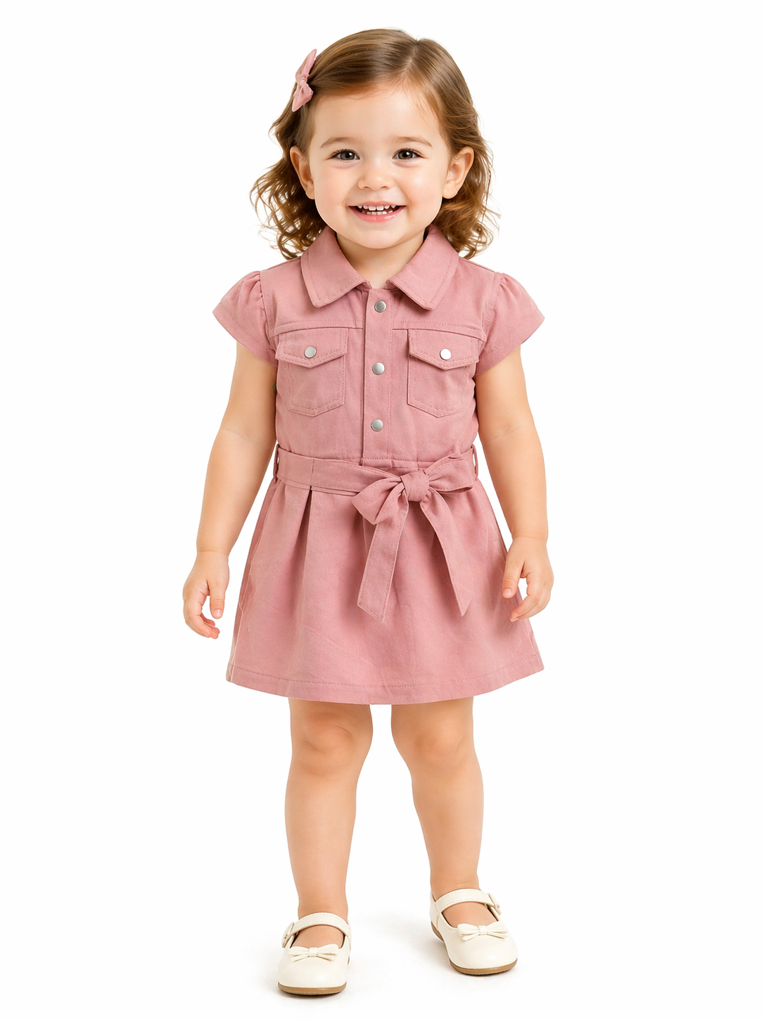 Dusty Rose Button-Front Baby Dress with Waist Tie