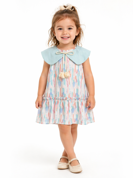 Pastel Print Baby Girl Dress with Blue Collar