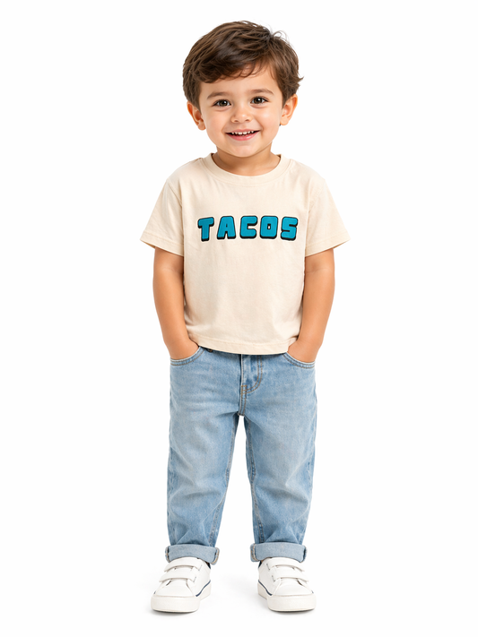 Boys “TACOS” Graphic T-Shirt – Cream Cotton Tee