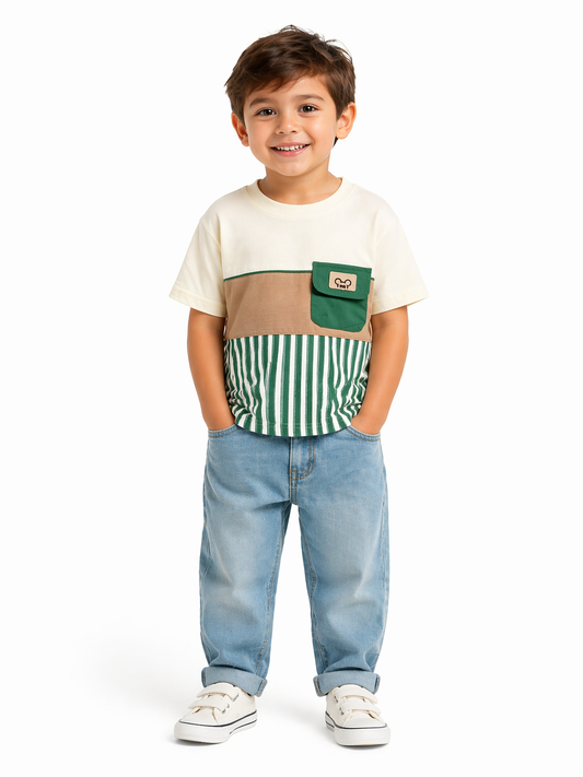 Colorblock Pocket T-Shirt – Green Stripe Design