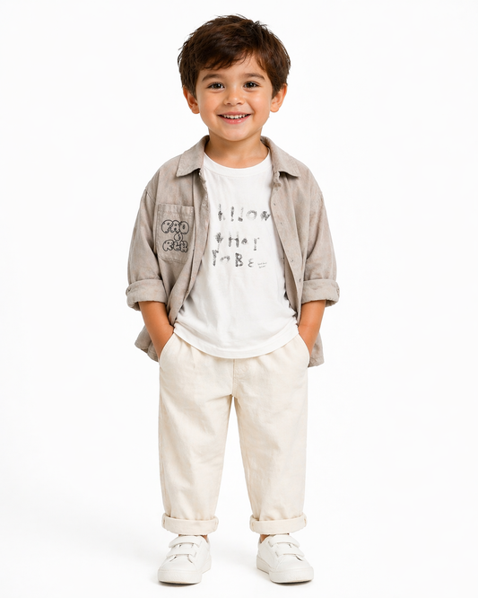 Casual 2-Piece Set – Grey Overshirt with White Long Sleeve Printed T-Shirt
