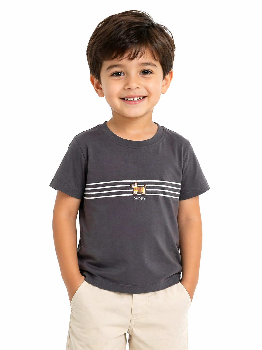 Grey Puppy Print Cotton T-Shirt