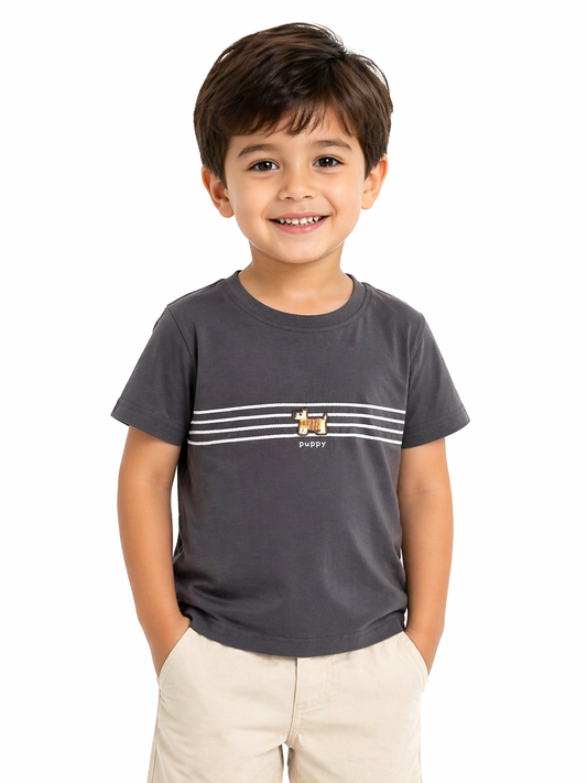 Grey Puppy Print Cotton T-Shirt