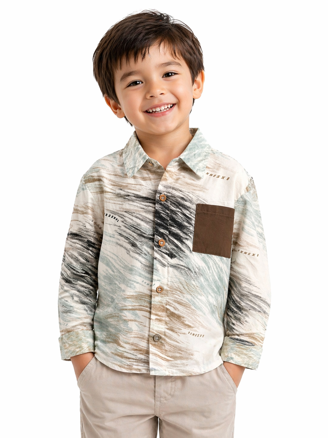 Marble Print Button-Up Shirt with Contrast Pocket