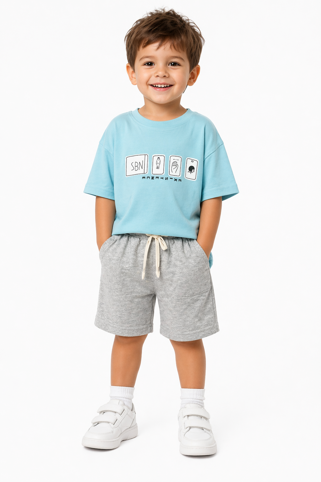 Sky Blue Graphic Tee & Grey Shorts Set