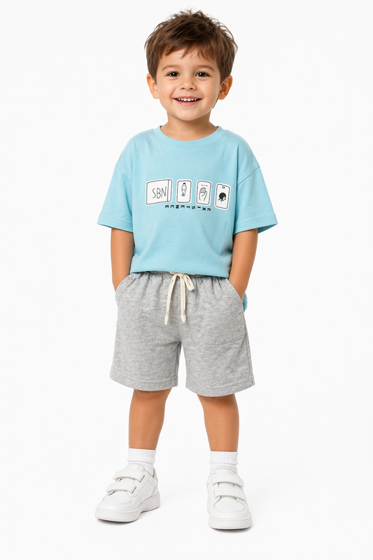 Sky Blue Graphic Tee & Grey Shorts Set