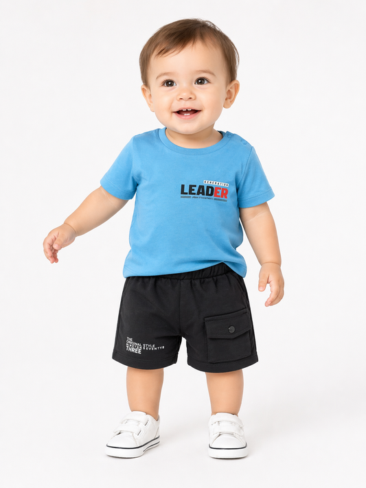Boys’ Blue “Leader” T-Shirt & Black Shorts Set