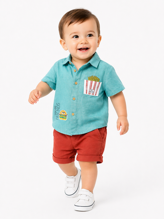 Boys’ Teal Button-Up Shirt & Red Shorts Set