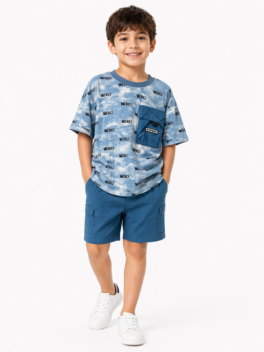 Cloud Print Tee with Utility Pocket & Blue Shorts Set
