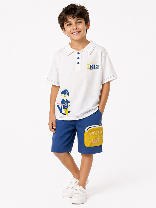 White Graphic Polo T-Shirt & Blue Shorts Set
