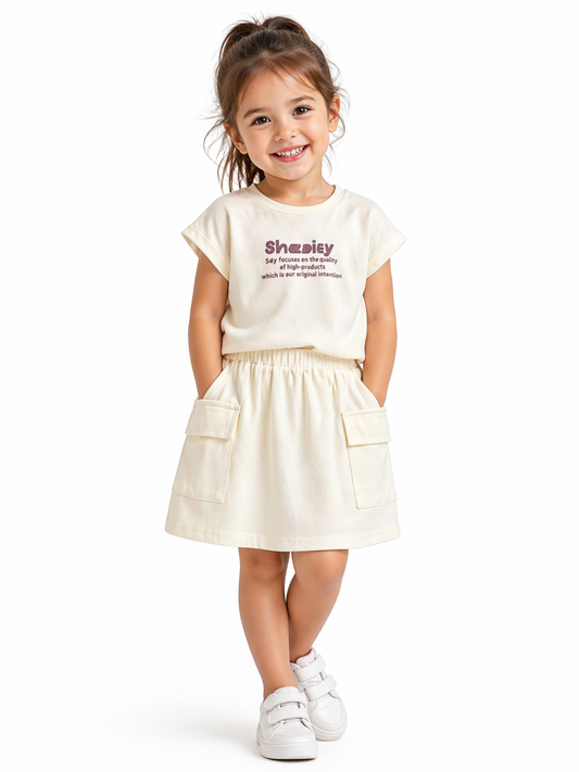 Creamy Chic Kids Skirt Set with Pocket Detail