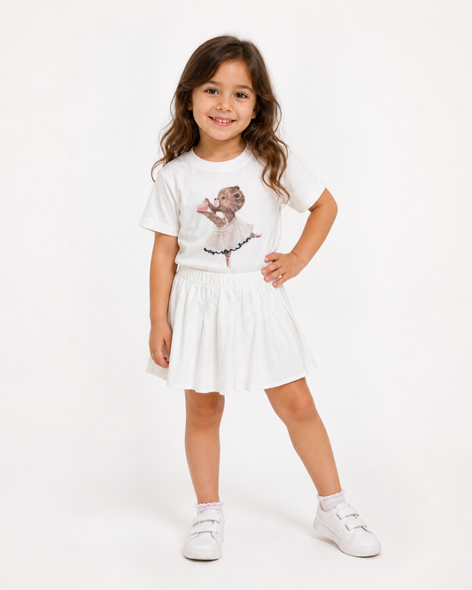 White Teddy Ballet T-Shirt & Pleated Skirt Set