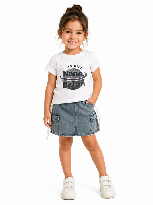 White Graphic Tee & Denim Skirt Set