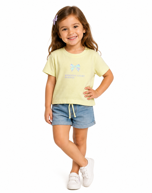 Minimal Bow Logo Kids T-Shirt – Pastel Yellow