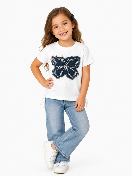 Denim Butterfly Patch Kids T-Shirt – White