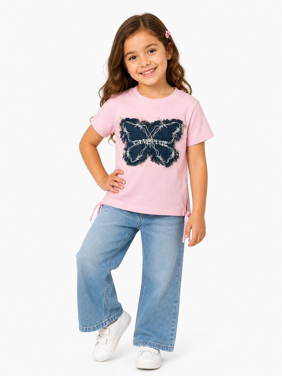 Denim Butterfly Patch Kids T-Shirt – Pink