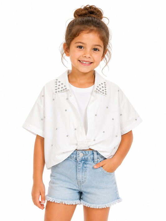 White Studded Collar Crop Shirt