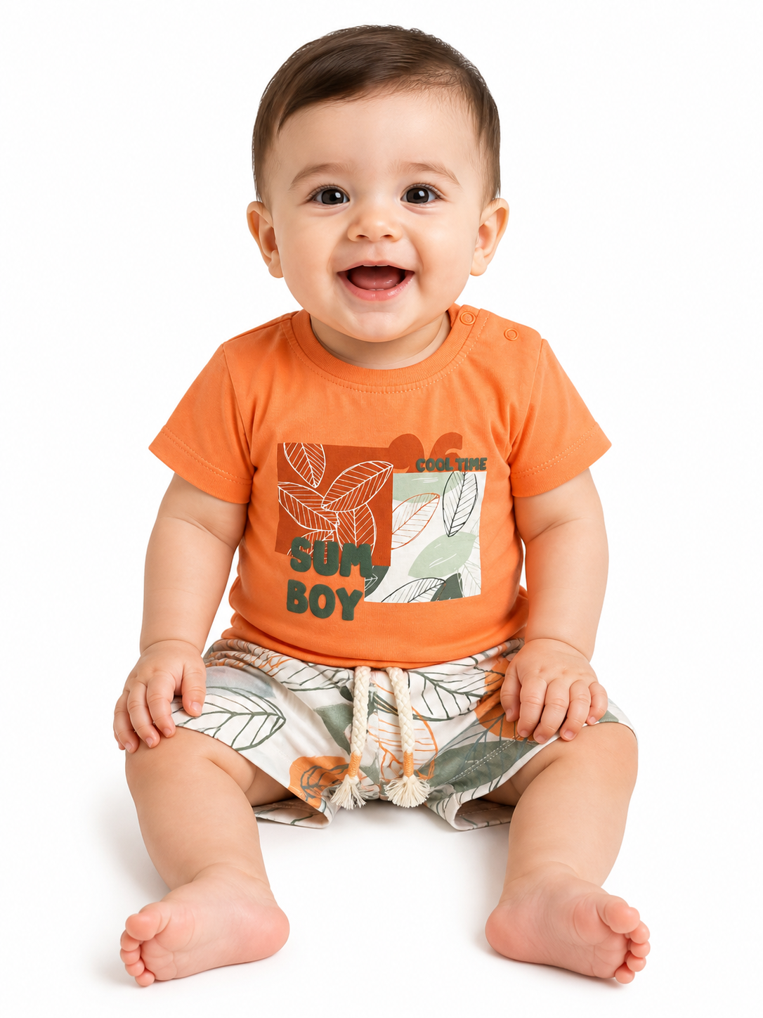 Summer Boy Baby Set – Orange Tee & Leaf Print Shorts