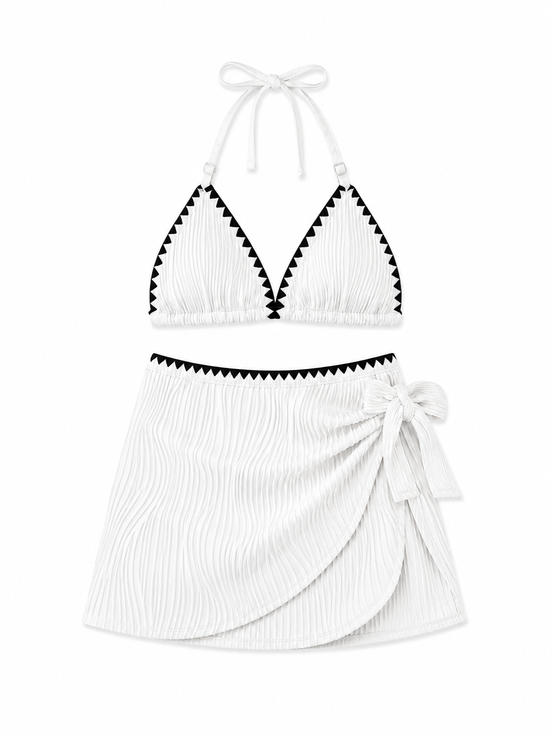 White Ribbed Bikini Set with Wrap Skirt