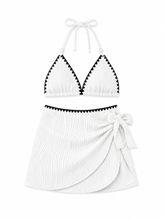 White Ribbed Bikini Set with Wrap Skirt