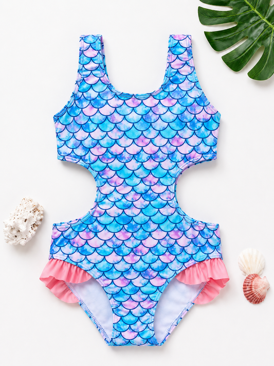 Pastel Mermaid Scale Cut-Out Girls One-Piece Swimsuit