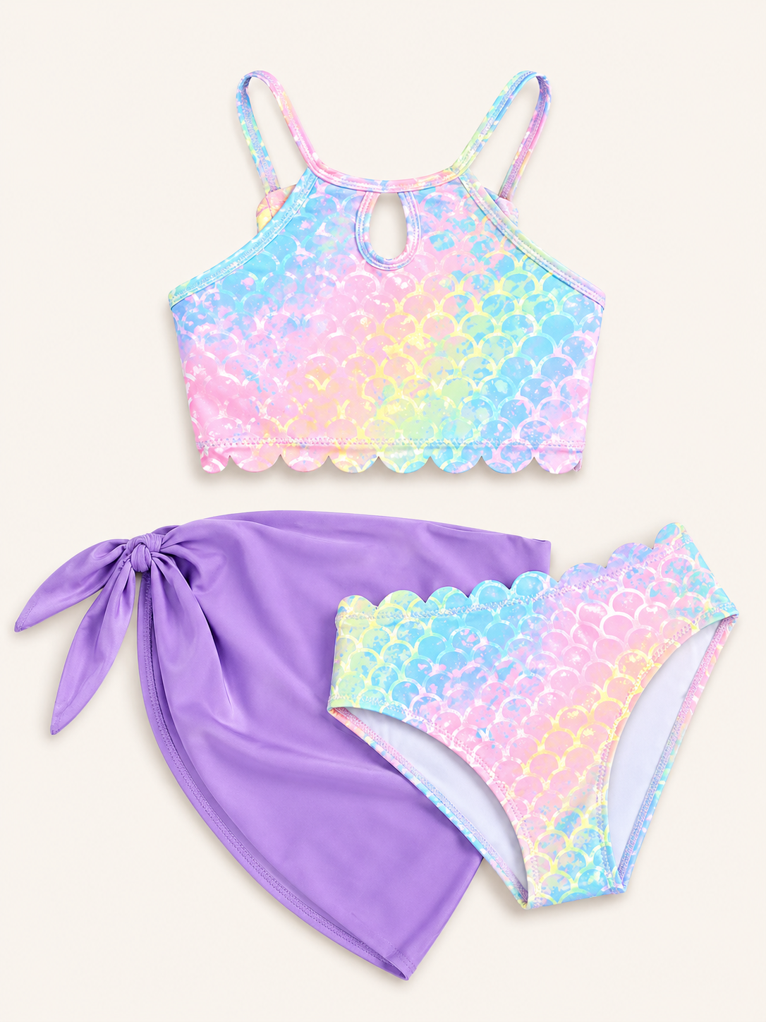Rainbow Mermaid Bikini Set with Wrap Skirt