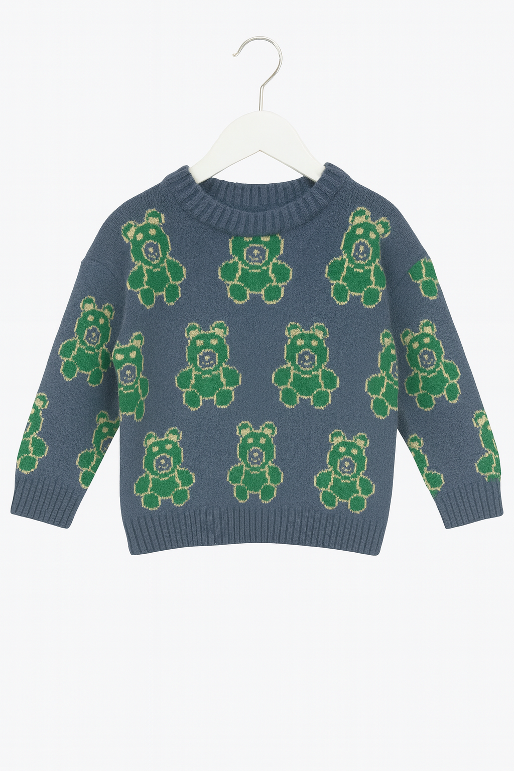 Blue Sweater With Playful Green Teddy Bear Pattern