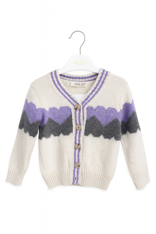 Cream Cardigan with Purple & Grey Pattern