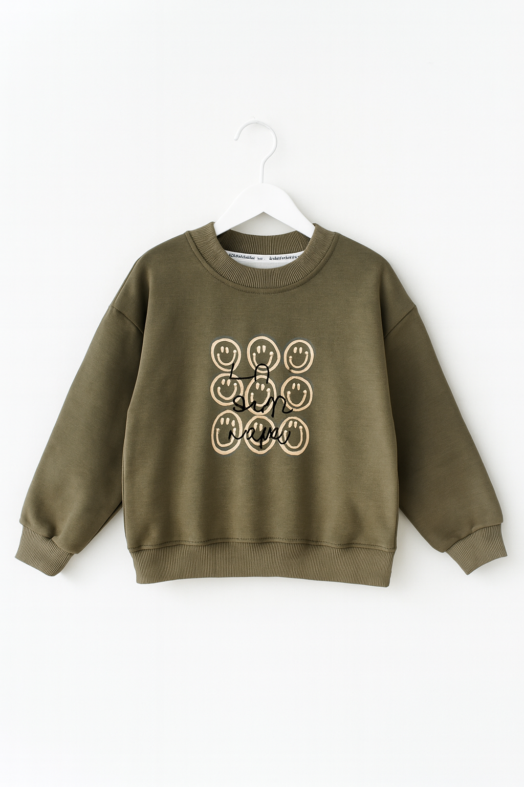 Olive Green Smiley Face Graphic Sweatshirt