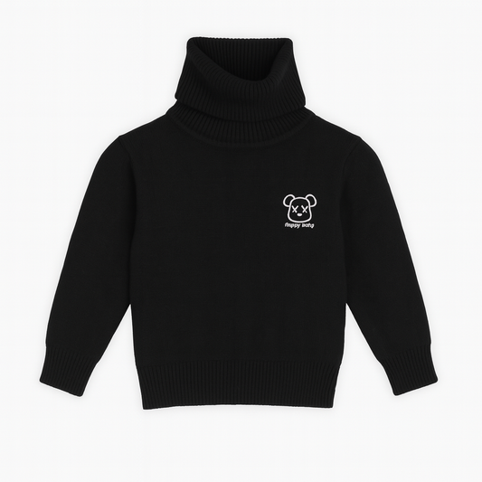 Black Turtleneck Sweater with Playful Bear